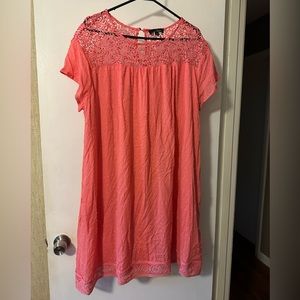 SUZANNE BETRO Coral Peach Crocheted Neckline Pockets Dress 3X